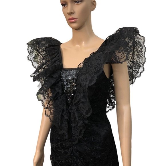 SOLD Vintage 80s Gothic Princess Black Lace Tulle Mermaid Cocktail Formal Dress - Picture 6 of 14